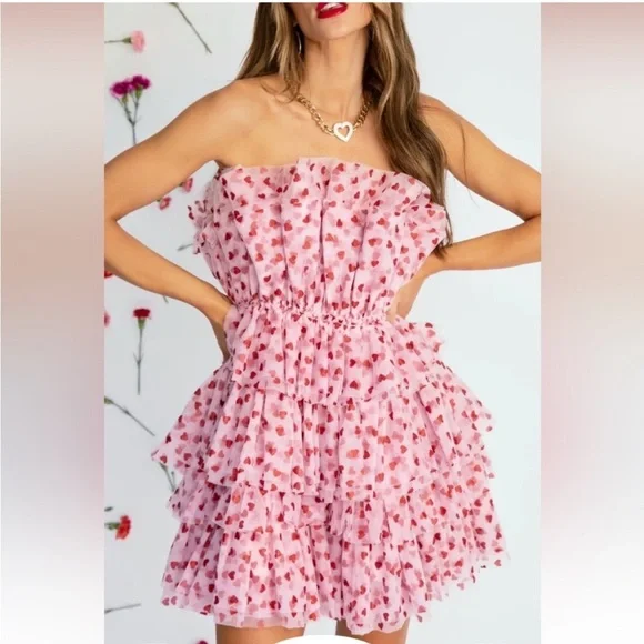 Mable Heartbreaker Strapless Pink Glitter Heart Ruffle Tulle Dress Medium - Picture 2 of 16